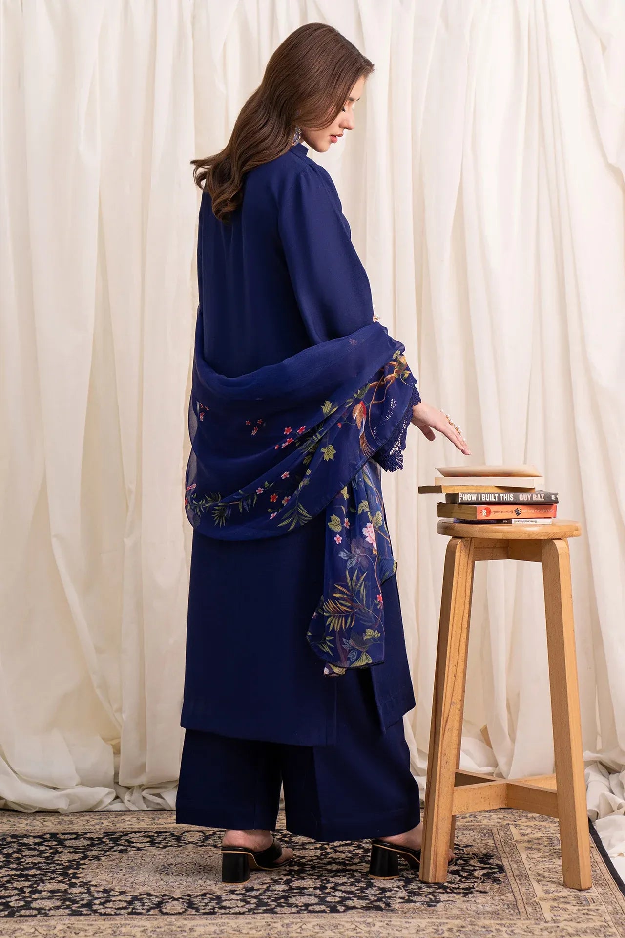 Navy Bloom Festive 3 Piece Stitched